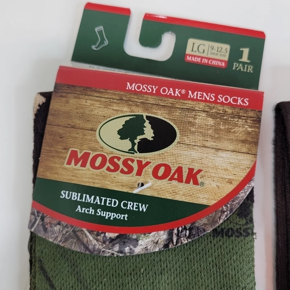 Mossy Oak Sublimated ARCH SUPPORT Foliage Crew Socks 2 pairs Size Men Large 9-12